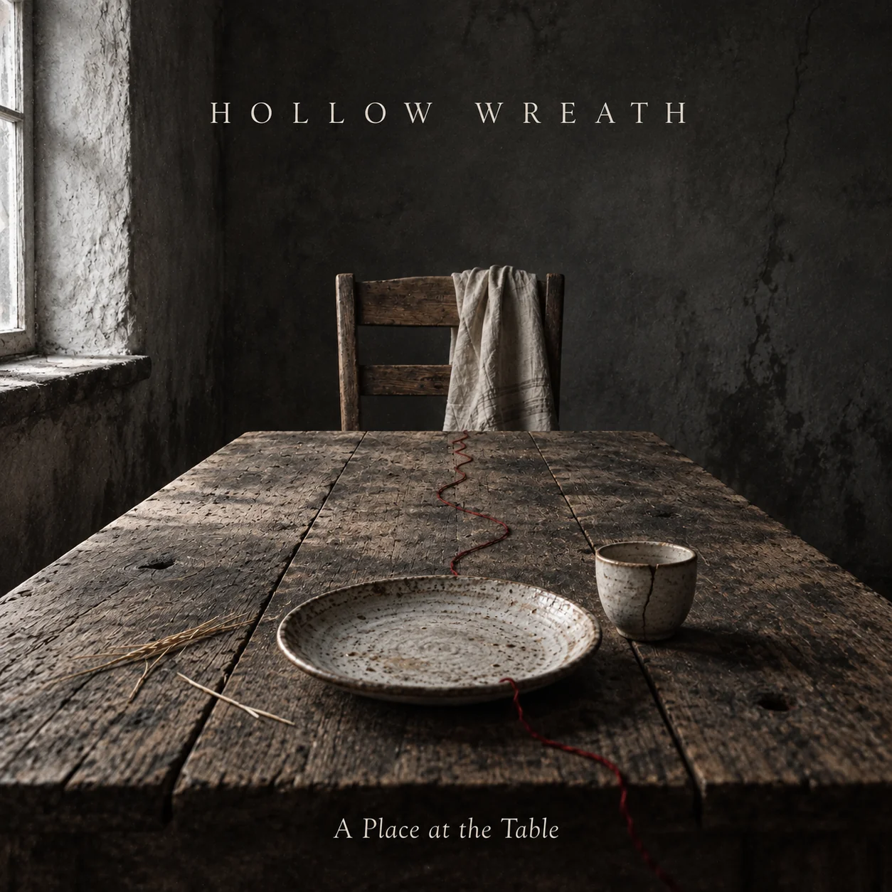 A Place at the Table album cover: an empty chair, a plate, and a red thread on a worn wooden table.