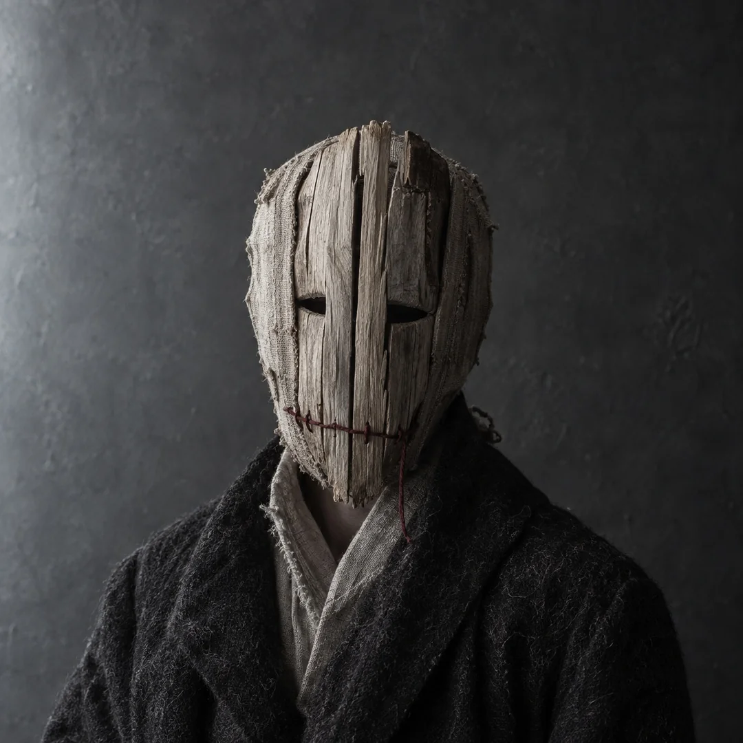 The Keeper, a fictional figure wearing a pale wooden mask and a dark coat.